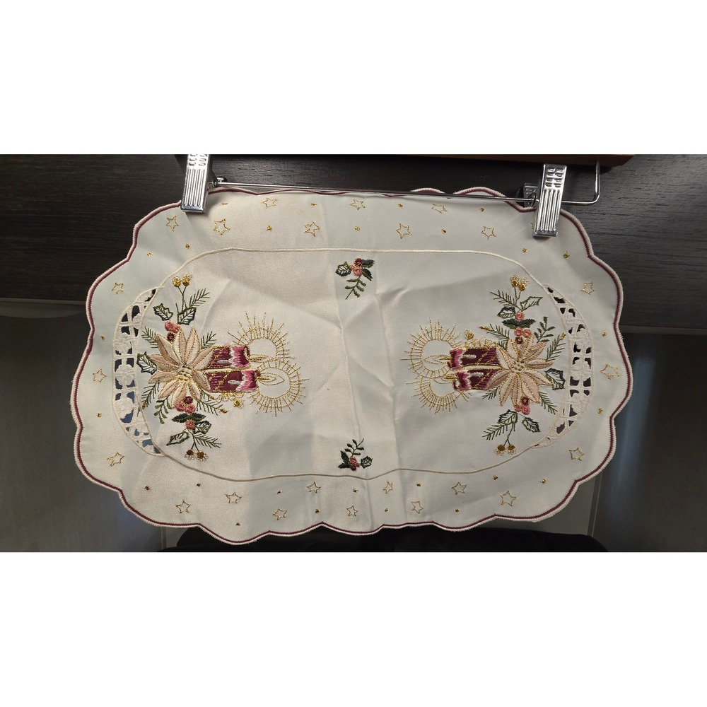 Vintage Christmas Table Runner Embroidered Poinsettia Candle Cutwork White Gold